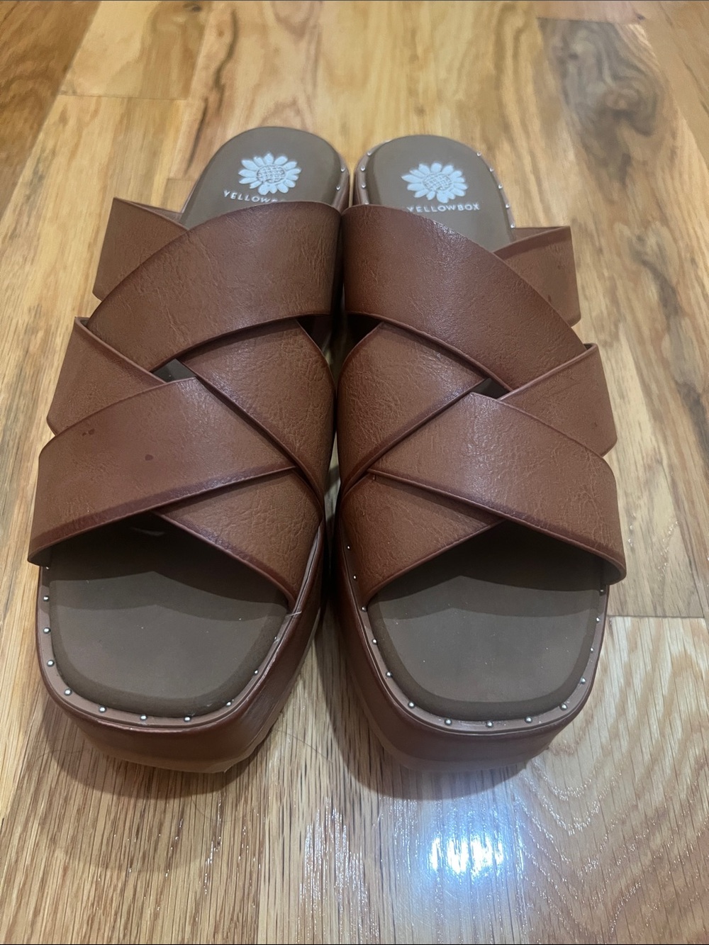 Yellow Box Brown Crossband Platform Slide Mules